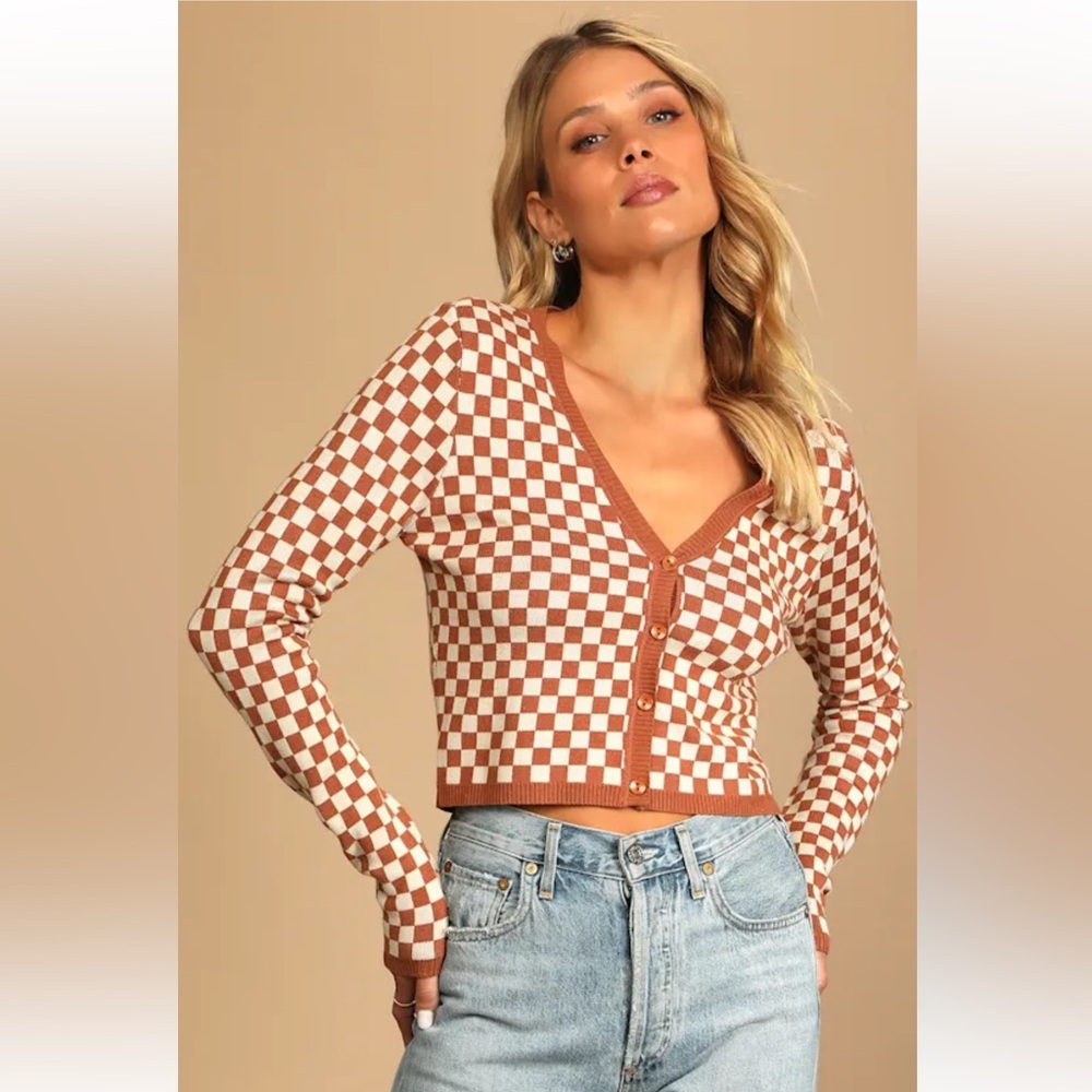 Lulu's Brown and White Checkered Cardigan